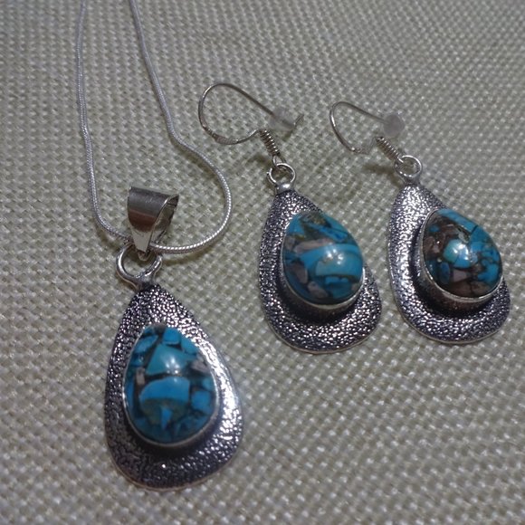 Natural "MOSAIC JASPER" Handmade Sterling NECKLACE & EARRINGS 20" Chain #303B - Picture 3 of 3